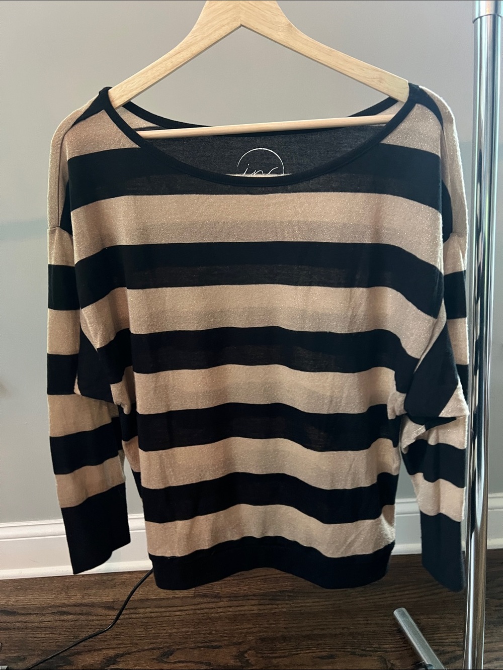 INC International Concepts Black and gold lightweight Striped Crew Neck Sweater